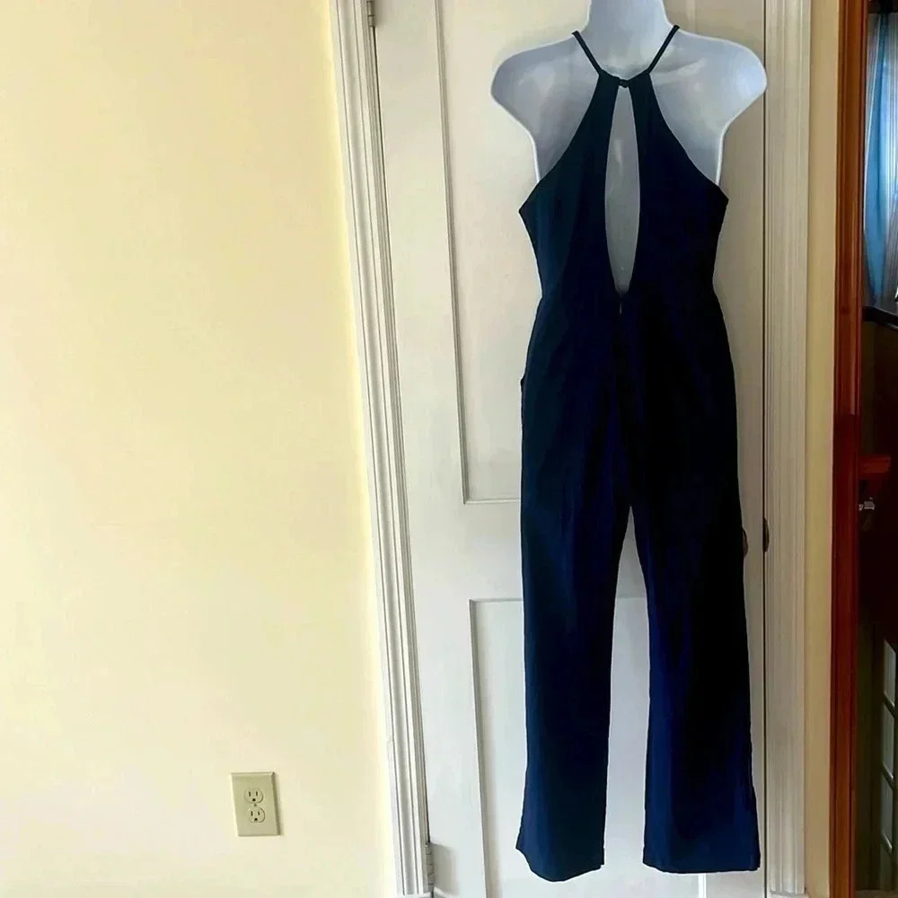 Urban Outfitters Linen Blend‎ Hattie Jumpsuit Women’s Size 4 Navy Blue Coastal - Picture 4 of 17